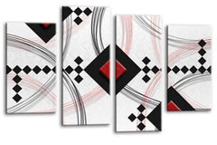 LR Red Abstract Wall Art Picture Black White Stripes Checks Framed Split Panel Print Ready to Hang