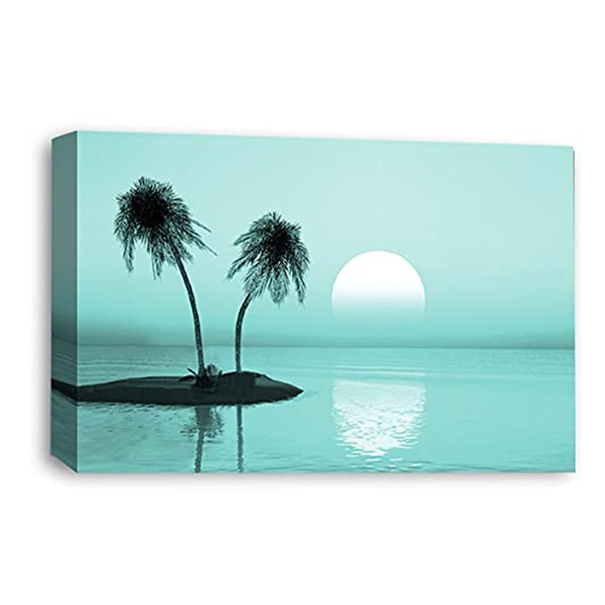 LR Sunset Beach Wall Art Picture – Duck Egg Seascape Framed Canvas Print | Ready to Hang | Modern Wall Art for Living Room, Bedroom & Office