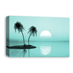 LR Sunset Beach Wall Art Picture – Duck Egg Seascape Framed Canvas Print | Ready to Hang | Modern Wall Art for Living Room, Bedroom & Office