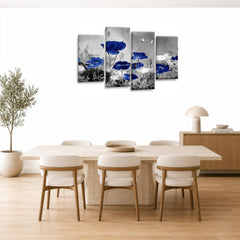 LR Floral Wall Art Picture – Grey & Blue Poppy Framed 4 Panel Split Canvas Print | Ready to Hang | Modern Wall Art for Living Room, Bedroom & Office