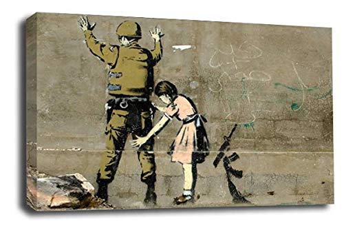 LR Banksy Girl Soldier Art Print Grey White Searching Graffiti Framed Canvas Wall Picture Ready to Hang