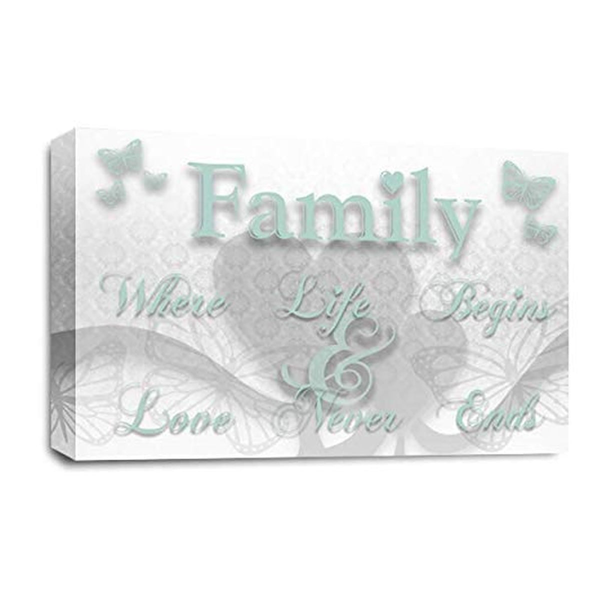 LR Family Love Quote Wall Art Picture – White & Duck Egg Framed Canvas Print | Ready to Hang | Modern Wall Art for Living Room, Bedroom & Office