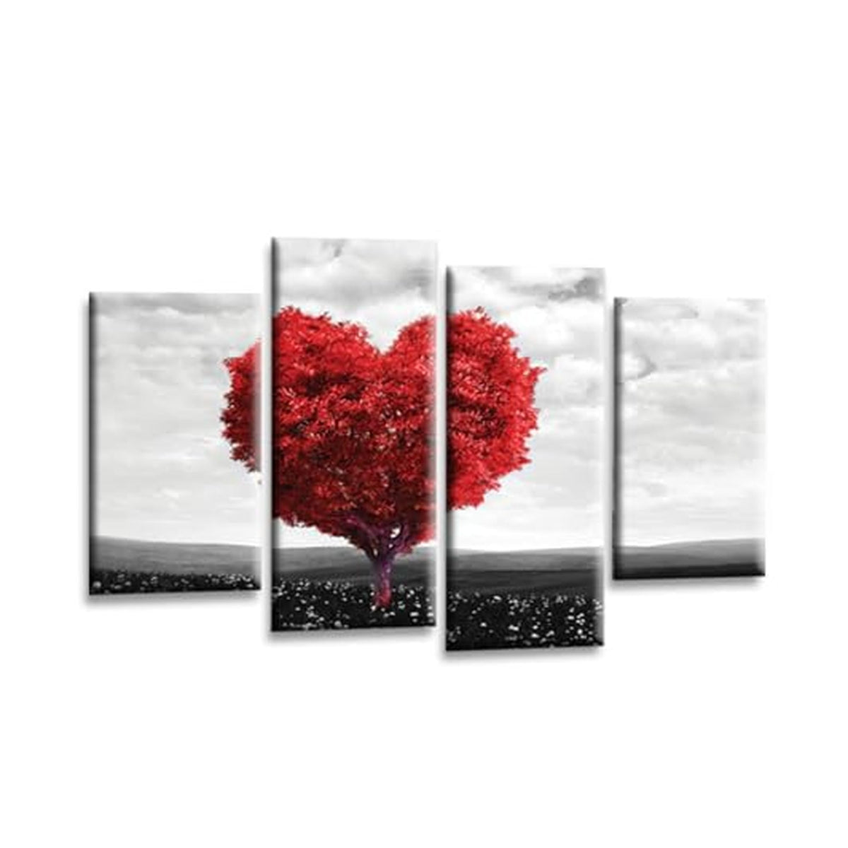 LR Floral Love Heart Wall Art Picture – Grey & Red Tree Framed 4 Panel Split Canvas Print | Ready to Hang | Modern Wall Art for Living Room, Bedroom & Office