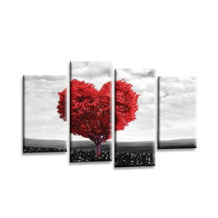LR Floral Love Heart Wall Art Picture – Grey & Red Tree Framed 4 Panel Split Canvas Print | Ready to Hang | Modern Wall Art for Living Room, Bedroom & Office
