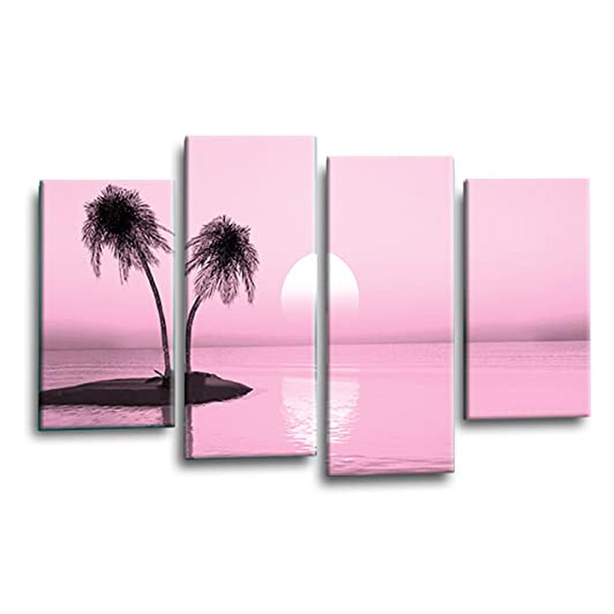 LR Sunset Beach Wall Art Picture – Pink Seascape Framed 4 Panel Split Canvas Print | Ready to Hang | Modern Wall Art for Living Room, Bedroom & Office