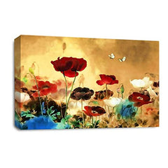 LR Floral Rose Poppy Wall Art Picture – Red & Cream Framed Canvas Print | Ready to Hang | Modern Wall Art for Living Room, Bedroom & Office