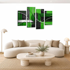 LR Abstract Wall Art Picture – Grey, Green & White Modern Framed 4 Panel Split Canvas Print | Ready to Hang | Modern Wall Art for Living Room, Bedroom & Office