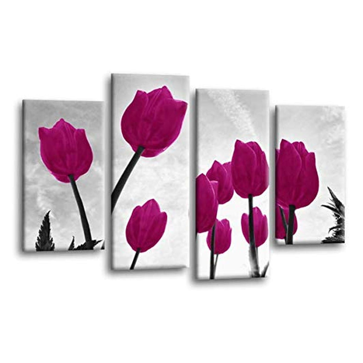 LR Floral Rose Tulip Wall Art Picture – Purple & Grey Framed 4 Panel Split Canvas Print | Ready to Hang | Modern Wall Art for Living Room, Bedroom & Office