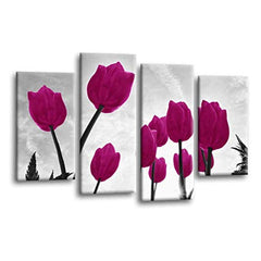 LR Floral Rose Tulip Wall Art Picture – Purple & Grey Framed 4 Panel Split Canvas Print | Ready to Hang | Modern Wall Art for Living Room, Bedroom & Office