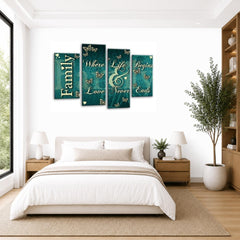 LR Family Love Quote Wall Art Picture – Teal & Cream Framed 4 Panel Split Canvas Print | Ready to Hang | Modern Wall Art for Living Room, Bedroom & Office