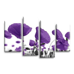LR Floral Rose Poppy Wall Art Picture – Purple & White Framed 4 Panel Split Canvas Print | Ready to Hang | Modern Wall Art for Living Room, Bedroom & Office