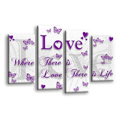 LR Love Wall Art Picture – Purple & White Family Quote Framed 4 Panel Split Canvas Print | Ready to Hang | Modern Wall Art for Living Room, Bedroom & Office