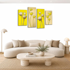 LR Floral Rose Wall Art Picture – Yellow & Cream Framed 4 Panel Split Canvas Print | Ready to Hang | Modern Wall Art for Living Room, Bedroom & Office