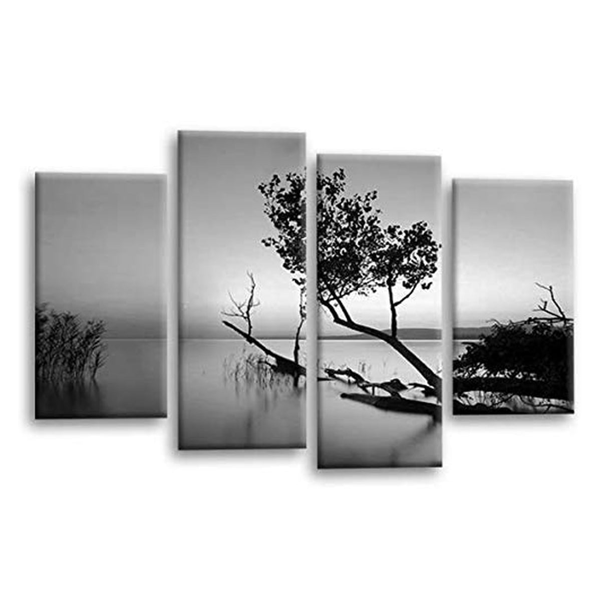 LR Sunset Landscape Lake Wall Art Picture – Grey & Brown Floral Framed 4 Panel Split Canvas Print | Ready to Hang | Modern Wall Art for Living Room, Bedroom & Office