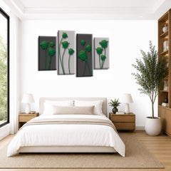 LR Green Floral Rose Wall Art Picture – Grey Framed 4 Panel Split Canvas Print | Ready to Hang | Modern Wall Art for Living Room, Bedroom & Office