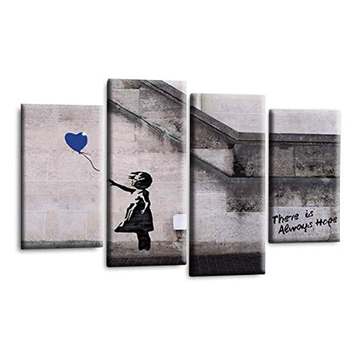 LR Banksy Wall Art Picture – Grey & Blue Graffiti Art Framed 4 Panel Split Canvas Print | Ready to Hang | Modern Wall Art for Living Room, Bedroom & Office
