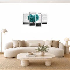 LR Floral Love Heart Wall Art Picture – Grey & Teal Tree Framed 4 Panel Split Canvas Print | Ready to Hang | Modern Wall Art for Living Room, Bedroom & Office
