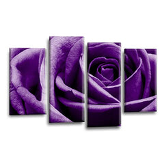 LR Floral Purple Rose Wall Art Picture Framed 4 Panel Split Canvas Print | Ready to Hang | Modern Wall Art for Living Room, Bedroom & Office