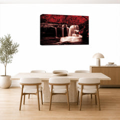 LR Waterfall Wall Art Picture – Grey, Red & White Forest Framed Canvas Print | Ready to Hang | Modern Wall Art for Living Room, Bedroom & Office