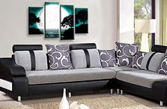 LR Landscape Wall Art Picture – Teal, Black & White Floral Framed 4 Panel Split Canvas Print | Ready to Hang | Modern Wall Art for Living Room, Bedroom & Office