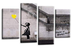 LR Banksy Heart Wall Art Picture – Grey & Yellow Graffiti Art Framed 4 Panel Split Canvas Print | Ready to Hang | Modern Wall Art for Living Room, Bedroom & Office