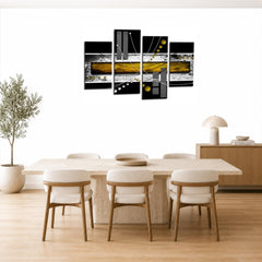 LR Black White Abstract Wall Art Picture – Yellow & Modern Framed 4 Panel Split Canvas Print | Ready to Hang | Modern Wall Art for Living Room, Bedroom & Office