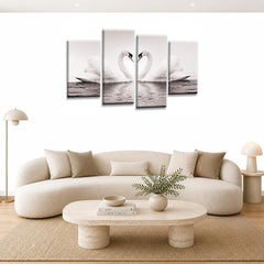 LR Love Heart Swans Wall Art Picture – Grey, Cream & White Framed 4 Panel Split Canvas Print | Ready to Hang | Modern Wall Art for Living Room, Bedroom & Office