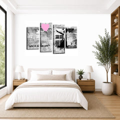 LR Banksy Wall Art Picture – Grey & Pink Graffiti Art Framed 4 Panel Split Canvas Print | Ready to Hang | Modern Wall Art for Living Room, Bedroom & Office