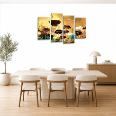 LR Floral Rose Poppy Wall Art Picture – Cream & Brown Framed 4 Panel Split Canvas Print | Ready to Hang | Modern Wall Art for Living Room, Bedroom & Office
