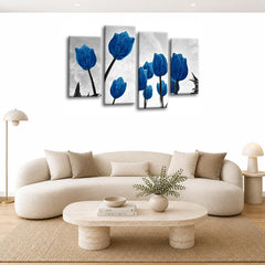 LR Floral Rose Tulip Wall Art Picture – Grey & Blue Framed 4 Panel Split Canvas Print | Ready to Hang | Modern Wall Art for Living Room, Bedroom & Office