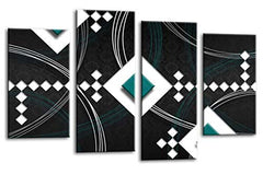 LR Teal Abstract Wall Art Picture Black White Stripes Checks Framed Split Panel Print Ready to Hang