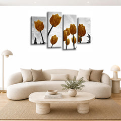 LR Floral Rose Tulip Wall Art Picture – Grey & Mustard Framed 4 Panel Split Canvas Print | Ready to Hang | Modern Wall Art for Living Room, Bedroom & Office