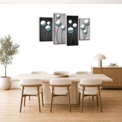 LR Duck Egg Floral Rose Wall Art Picture – Grey Framed 4 Panel Split Canvas Print | Ready to Hang | Modern Wall Art for Living Room, Bedroom & Office