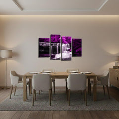 LR Waterfall Forest Wall Art Picture – Purple, Grey & White Framed 4 Panel Split Canvas Print | Ready to Hang | Modern Wall Art for Living Room, Bedroom & Office