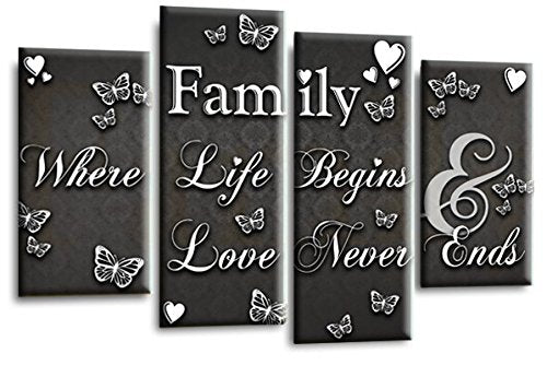 LR Family Love Quote Wall Art Picture – Grey & White Framed 4 Panel Split Canvas Print | Ready to Hang | Modern Wall Art for Living Room, Bedroom & Office