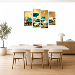 LR Floral Wall Art Picture – Teal & Cream Poppy Framed 4 Panel Split Canvas Print | Ready to Hang | Modern Wall Art for Living Room, Bedroom & Office