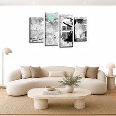 LR Banksy Heart Wall Art Picture – Grey & Duck Egg Graffiti Art Framed 4 Panel Split Canvas Print | Ready to Hang | Modern Wall Art for Living Room, Bedroom & Office