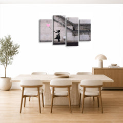 LR Banksy Heart Wall Art Picture – Grey & Pink Graffiti Art Framed 4 Panel Split Canvas Print | Ready to Hang | Modern Wall Art for Living Room, Bedroom & Office