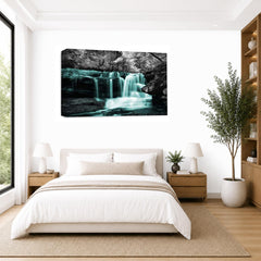 LR Teal Waterfall Wall Art Picture – Grey & White Forest Framed Canvas Print | Ready to Hang | Modern Wall Art for Living Room, Bedroom & Office