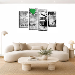 LR Banksy Wall Art Picture – Grey & Green Graffiti Art Framed 4 Panel Split Canvas Print | Ready to Hang | Modern Wall Art for Living Room, Bedroom & Office