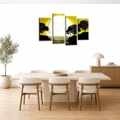 LR Landscape Wall Art Picture – Black, White & Mustard Floral Framed 4 Panel Split Canvas Print | Ready to Hang | Modern Wall Art for Living Room, Bedroom & Office