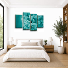 LR Floral Rose Wall Art Picture – Teal & Cream Framed 4 Panel Split Canvas Print | Ready to Hang | Modern Wall Art for Living Room, Bedroom & Office