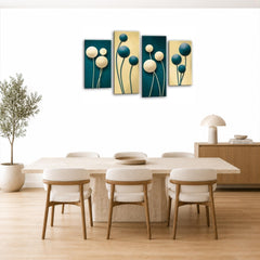 LR Floral Rose Wall Art Picture – Teal & Cream Framed 4 Panel Split Canvas Print | Ready to Hang | Modern Wall Art for Living Room, Bedroom & Office