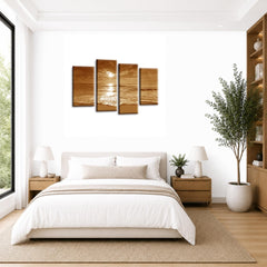 LR Sunset Beach Wall Art Picture – Cream & Brown Seascape Framed 4 Panel Split Canvas Print | Ready to Hang | Modern Wall Art for Living Room, Bedroom & Office