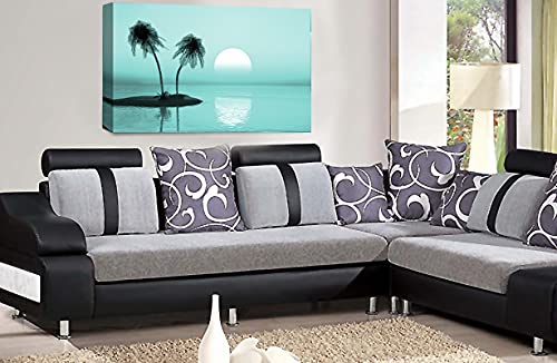 LR Sunset Beach Wall Art Duck Egg Palm Trees Tropical Island Framed Canvas Picture Ready to Hang