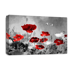 LR Grey Floral Wall Art Picture – Red & White Poppy Framed Canvas Print | Ready to Hang | Modern Wall Art for Living Room, Bedroom & Office