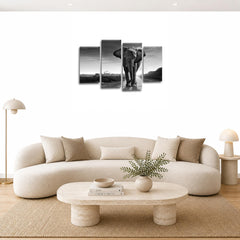 LR Elephant Sunset Wall Art Picture – Grey & White African Framed 4 Panel Split Canvas Print | Ready to Hang | Modern Wall Art for Living Room, Bedroom & Office