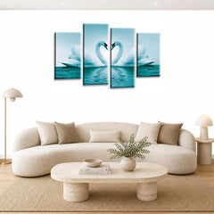 LR Love Swans Wall Art Picture – Teal & White Heart Framed 4 Panel Split Canvas Print | Ready to Hang | Modern Wall Art for Living Room, Bedroom & Office