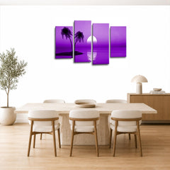 LR Sunset Beach Wall Art Picture – Purple Seascape Framed 4 Panel Split Canvas Print | Ready to Hang | Modern Wall Art for Living Room, Bedroom & Office