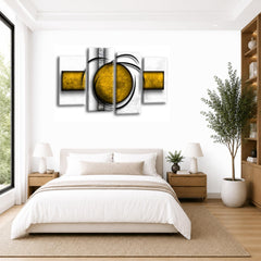 LR Abstract Wall Art Picture – Yellow & White Modern Framed 4 Panel Split Canvas Print | Ready to Hang | Modern Wall Art for Living Room, Bedroom & Office